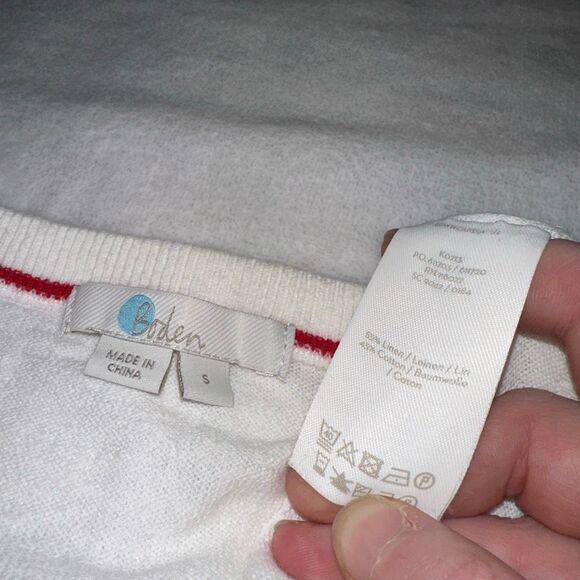 Boden Women’s Small Linen Blend Crew Sweater Cream Red 3/4 Bow Sleeves EUC - Picture 7 of 11